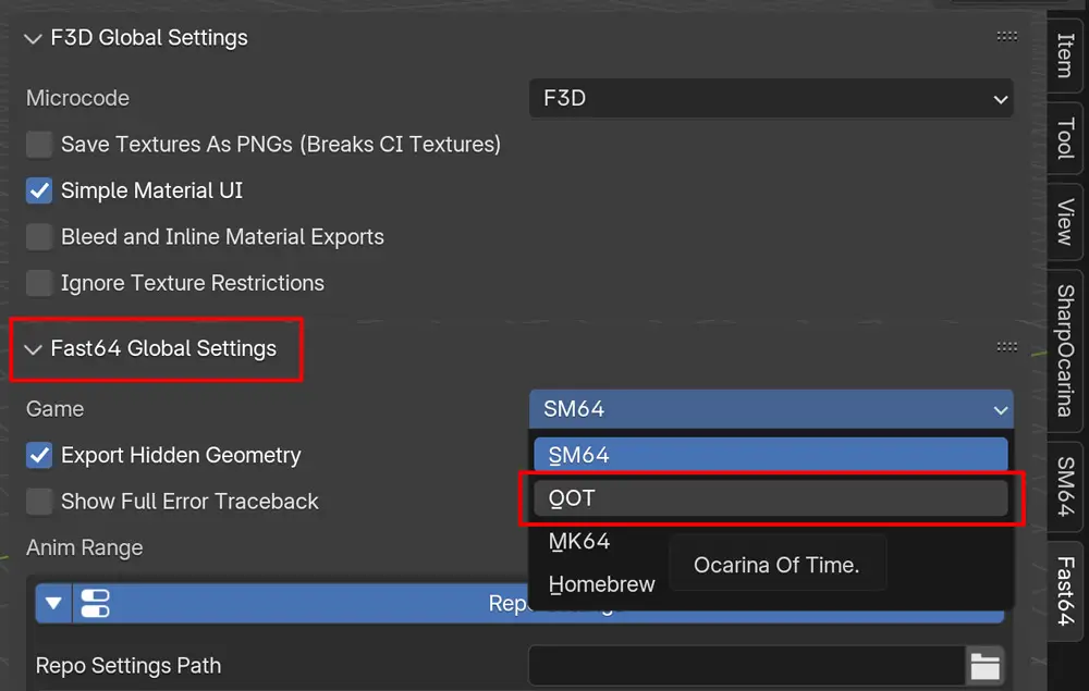 Fast64 Side Menu Zelda OoT Settings Fast64 Side Menu Zelda OoT Settings